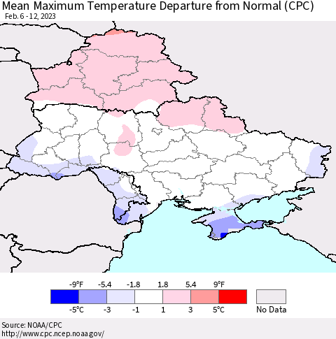 Ukraine, Moldova and Belarus Mean Maximum Temperature Departure from Normal (CPC) Thematic Map For 2/6/2023 - 2/12/2023