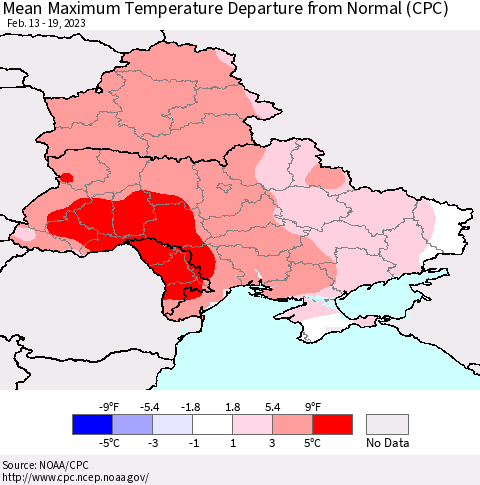Ukraine, Moldova and Belarus Mean Maximum Temperature Departure from Normal (CPC) Thematic Map For 2/13/2023 - 2/19/2023