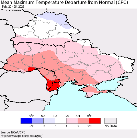 Ukraine, Moldova and Belarus Mean Maximum Temperature Departure from Normal (CPC) Thematic Map For 2/20/2023 - 2/26/2023