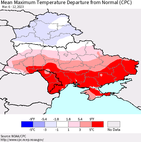 Ukraine, Moldova and Belarus Mean Maximum Temperature Departure from Normal (CPC) Thematic Map For 3/6/2023 - 3/12/2023