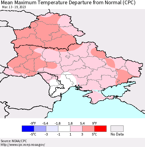 Ukraine, Moldova and Belarus Mean Maximum Temperature Departure from Normal (CPC) Thematic Map For 3/13/2023 - 3/19/2023