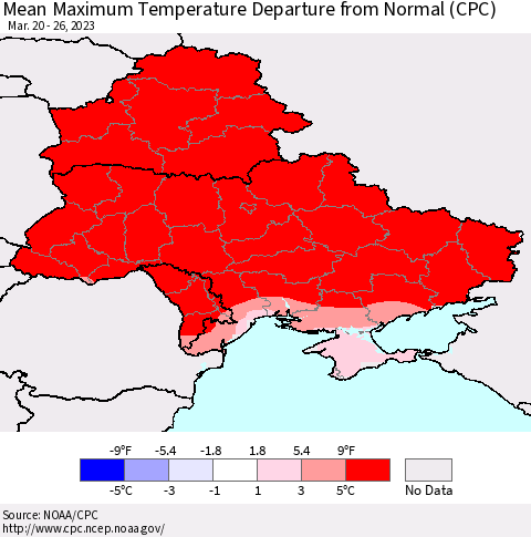 Ukraine, Moldova and Belarus Mean Maximum Temperature Departure from Normal (CPC) Thematic Map For 3/20/2023 - 3/26/2023