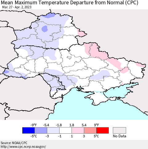 Ukraine, Moldova and Belarus Mean Maximum Temperature Departure from Normal (CPC) Thematic Map For 3/27/2023 - 4/2/2023