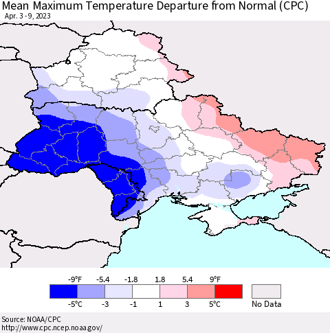 Ukraine, Moldova and Belarus Mean Maximum Temperature Departure from Normal (CPC) Thematic Map For 4/3/2023 - 4/9/2023