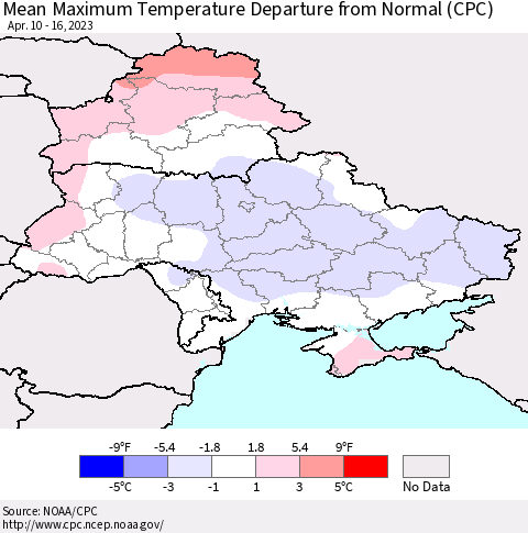 Ukraine, Moldova and Belarus Mean Maximum Temperature Departure from Normal (CPC) Thematic Map For 4/10/2023 - 4/16/2023