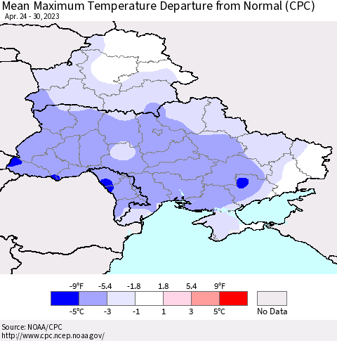 Ukraine, Moldova and Belarus Mean Maximum Temperature Departure from Normal (CPC) Thematic Map For 4/24/2023 - 4/30/2023
