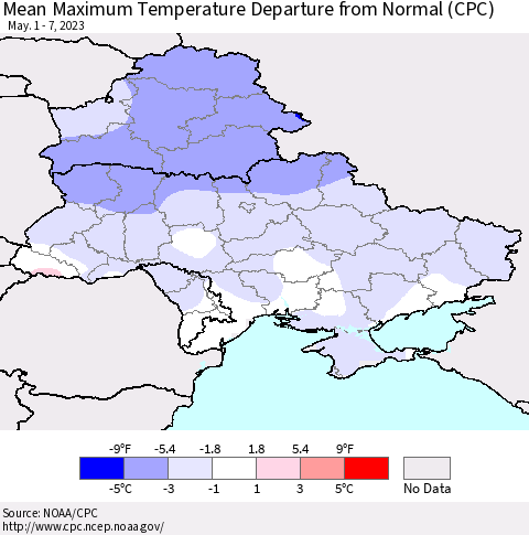 Ukraine, Moldova and Belarus Mean Maximum Temperature Departure from Normal (CPC) Thematic Map For 5/1/2023 - 5/7/2023
