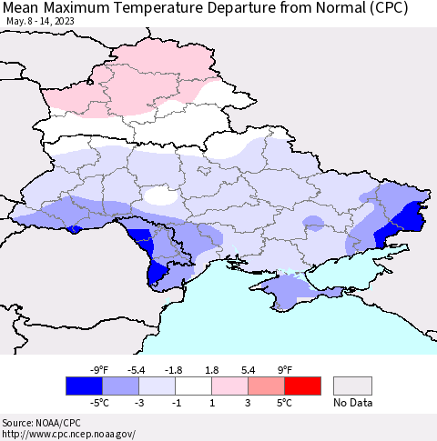 Ukraine, Moldova and Belarus Mean Maximum Temperature Departure from Normal (CPC) Thematic Map For 5/8/2023 - 5/14/2023