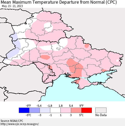 Ukraine, Moldova and Belarus Mean Maximum Temperature Departure from Normal (CPC) Thematic Map For 5/15/2023 - 5/21/2023