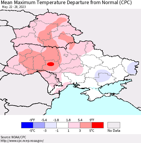 Ukraine, Moldova and Belarus Mean Maximum Temperature Departure from Normal (CPC) Thematic Map For 5/22/2023 - 5/28/2023