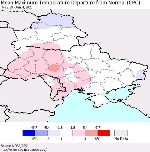 Ukraine, Moldova and Belarus Mean Maximum Temperature Departure from Normal (CPC) Thematic Map For 5/29/2023 - 6/4/2023