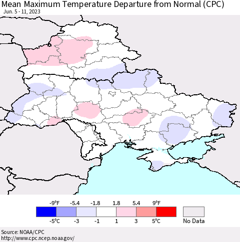 Ukraine, Moldova and Belarus Mean Maximum Temperature Departure from Normal (CPC) Thematic Map For 6/5/2023 - 6/11/2023