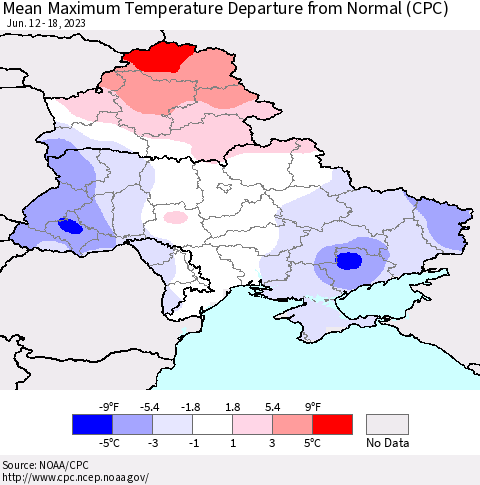 Ukraine, Moldova and Belarus Mean Maximum Temperature Departure from Normal (CPC) Thematic Map For 6/12/2023 - 6/18/2023