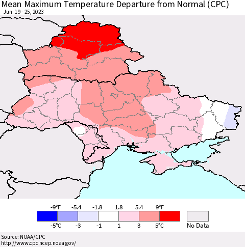 Ukraine, Moldova and Belarus Mean Maximum Temperature Departure from Normal (CPC) Thematic Map For 6/19/2023 - 6/25/2023