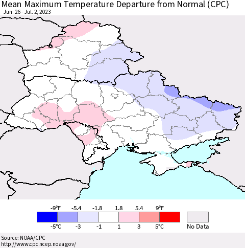 Ukraine, Moldova and Belarus Mean Maximum Temperature Departure from Normal (CPC) Thematic Map For 6/26/2023 - 7/2/2023