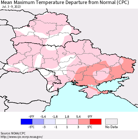 Ukraine, Moldova and Belarus Mean Maximum Temperature Departure from Normal (CPC) Thematic Map For 7/3/2023 - 7/9/2023