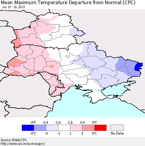 Ukraine, Moldova and Belarus Mean Maximum Temperature Departure from Normal (CPC) Thematic Map For 7/10/2023 - 7/16/2023