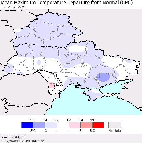 Ukraine, Moldova and Belarus Mean Maximum Temperature Departure from Normal (CPC) Thematic Map For 7/24/2023 - 7/30/2023