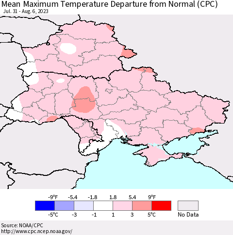 Ukraine, Moldova and Belarus Mean Maximum Temperature Departure from Normal (CPC) Thematic Map For 7/31/2023 - 8/6/2023