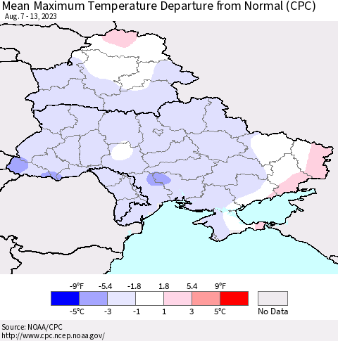 Ukraine, Moldova and Belarus Mean Maximum Temperature Departure from Normal (CPC) Thematic Map For 8/7/2023 - 8/13/2023
