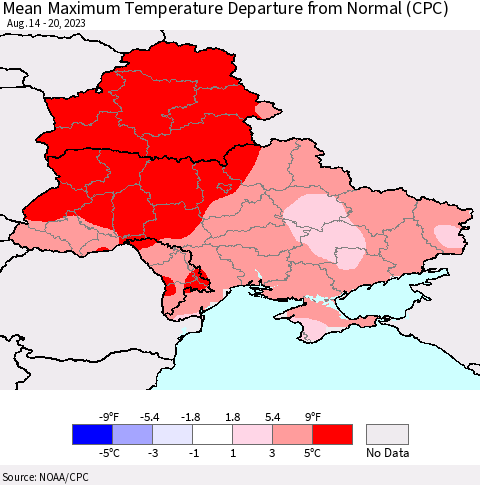 Ukraine, Moldova and Belarus Mean Maximum Temperature Departure from Normal (CPC) Thematic Map For 8/14/2023 - 8/20/2023