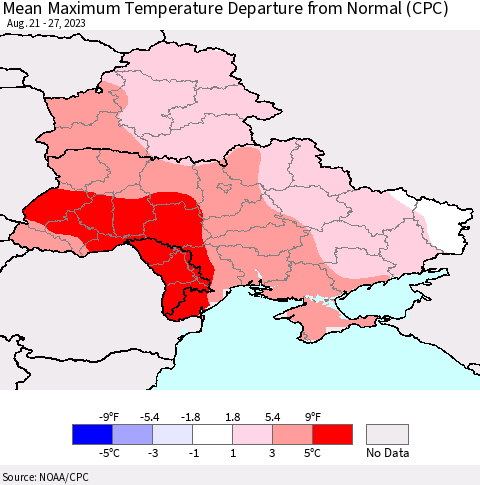 Ukraine, Moldova and Belarus Mean Maximum Temperature Departure from Normal (CPC) Thematic Map For 8/21/2023 - 8/27/2023