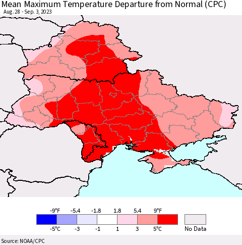 Ukraine, Moldova and Belarus Mean Maximum Temperature Departure from Normal (CPC) Thematic Map For 8/28/2023 - 9/3/2023