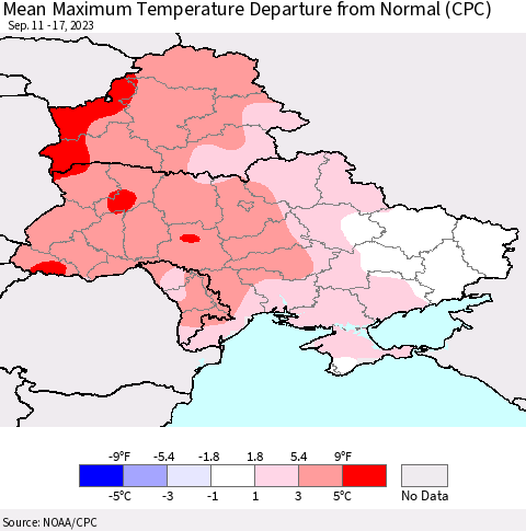 Ukraine, Moldova and Belarus Mean Maximum Temperature Departure from Normal (CPC) Thematic Map For 9/11/2023 - 9/17/2023