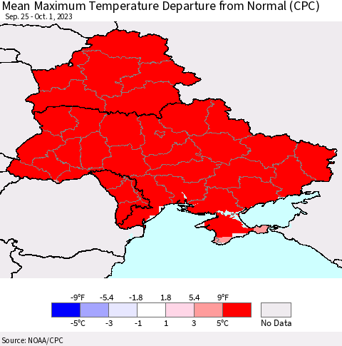 Ukraine, Moldova and Belarus Mean Maximum Temperature Departure from Normal (CPC) Thematic Map For 9/25/2023 - 10/1/2023