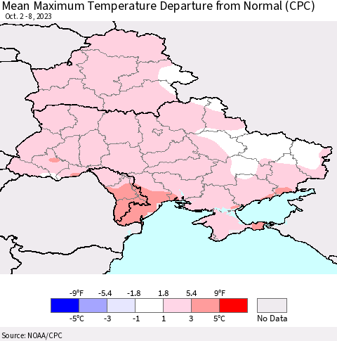 Ukraine, Moldova and Belarus Mean Maximum Temperature Departure from Normal (CPC) Thematic Map For 10/2/2023 - 10/8/2023