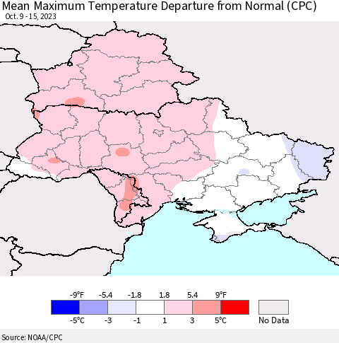 Ukraine, Moldova and Belarus Mean Maximum Temperature Departure from Normal (CPC) Thematic Map For 10/9/2023 - 10/15/2023