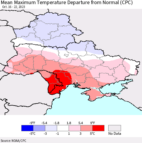 Ukraine, Moldova and Belarus Mean Maximum Temperature Departure from Normal (CPC) Thematic Map For 10/16/2023 - 10/22/2023