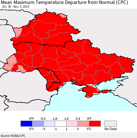 Ukraine, Moldova and Belarus Mean Maximum Temperature Departure from Normal (CPC) Thematic Map For 10/30/2023 - 11/5/2023