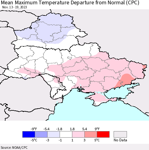 Ukraine, Moldova and Belarus Mean Maximum Temperature Departure from Normal (CPC) Thematic Map For 11/13/2023 - 11/19/2023