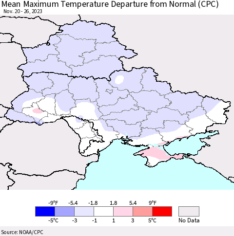 Ukraine, Moldova and Belarus Mean Maximum Temperature Departure from Normal (CPC) Thematic Map For 11/20/2023 - 11/26/2023
