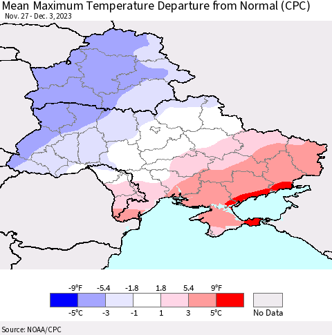 Ukraine, Moldova and Belarus Mean Maximum Temperature Departure from Normal (CPC) Thematic Map For 11/27/2023 - 12/3/2023