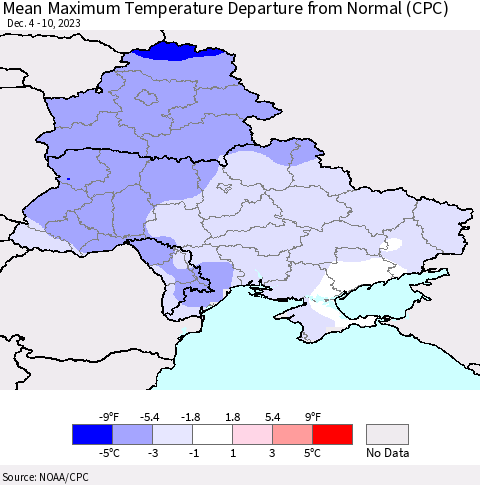Ukraine, Moldova and Belarus Mean Maximum Temperature Departure from Normal (CPC) Thematic Map For 12/4/2023 - 12/10/2023