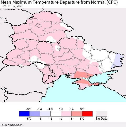 Ukraine, Moldova and Belarus Mean Maximum Temperature Departure from Normal (CPC) Thematic Map For 12/11/2023 - 12/17/2023