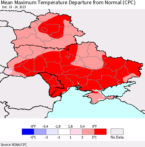 Ukraine, Moldova and Belarus Mean Maximum Temperature Departure from Normal (CPC) Thematic Map For 12/18/2023 - 12/24/2023