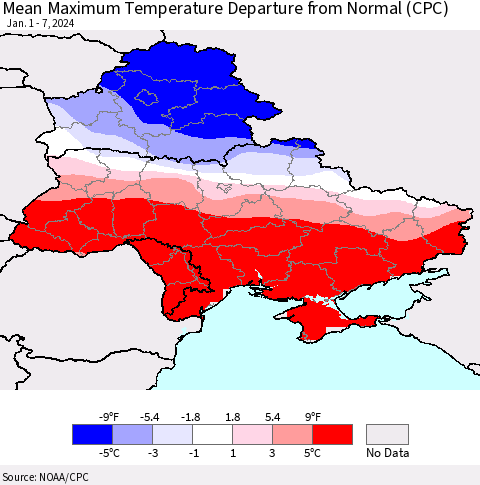 Ukraine, Moldova and Belarus Mean Maximum Temperature Departure from Normal (CPC) Thematic Map For 1/1/2024 - 1/7/2024