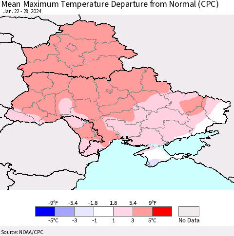 Ukraine, Moldova and Belarus Mean Maximum Temperature Departure from Normal (CPC) Thematic Map For 1/22/2024 - 1/28/2024