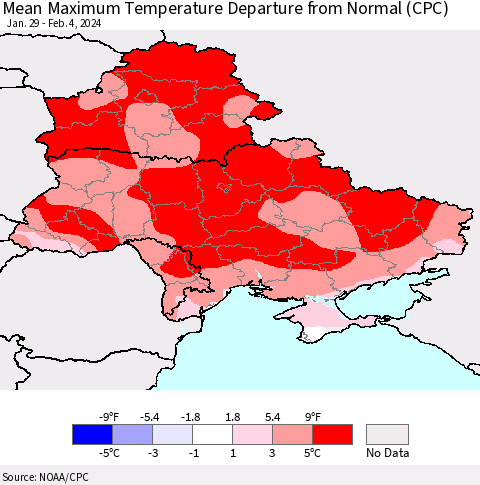 Ukraine, Moldova and Belarus Mean Maximum Temperature Departure from Normal (CPC) Thematic Map For 1/29/2024 - 2/4/2024