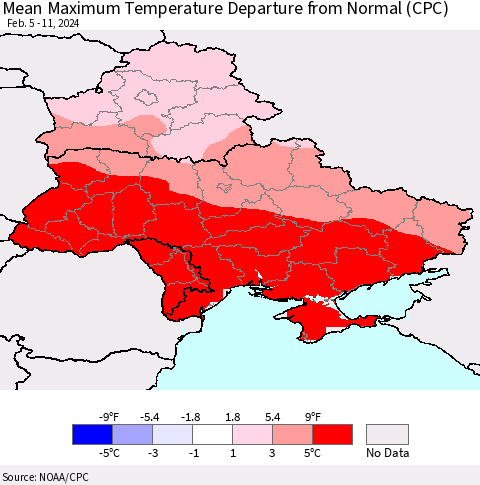 Ukraine, Moldova and Belarus Mean Maximum Temperature Departure from Normal (CPC) Thematic Map For 2/5/2024 - 2/11/2024