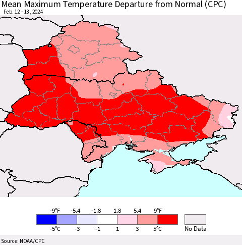 Ukraine, Moldova and Belarus Mean Maximum Temperature Departure from Normal (CPC) Thematic Map For 2/12/2024 - 2/18/2024