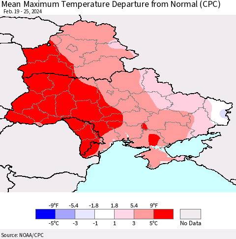 Ukraine, Moldova and Belarus Mean Maximum Temperature Departure from Normal (CPC) Thematic Map For 2/19/2024 - 2/25/2024