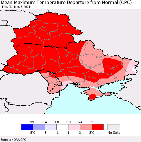 Ukraine, Moldova and Belarus Mean Maximum Temperature Departure from Normal (CPC) Thematic Map For 2/26/2024 - 3/3/2024