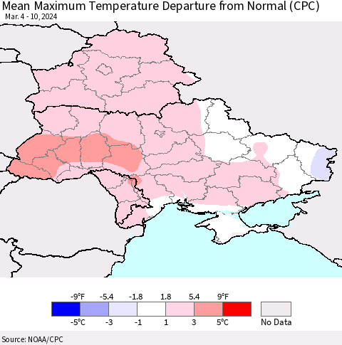 Ukraine, Moldova and Belarus Mean Maximum Temperature Departure from Normal (CPC) Thematic Map For 3/4/2024 - 3/10/2024