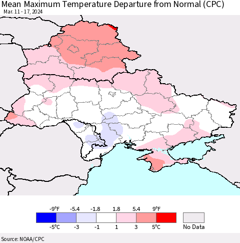 Ukraine, Moldova and Belarus Mean Maximum Temperature Departure from Normal (CPC) Thematic Map For 3/11/2024 - 3/17/2024