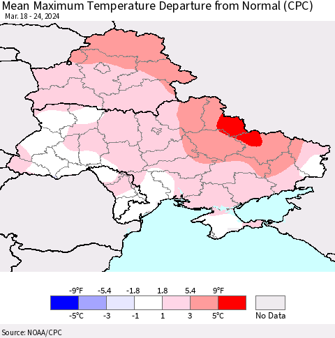 Ukraine, Moldova and Belarus Mean Maximum Temperature Departure from Normal (CPC) Thematic Map For 3/18/2024 - 3/24/2024