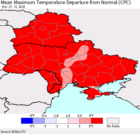 Ukraine, Moldova and Belarus Mean Maximum Temperature Departure from Normal (CPC) Thematic Map For 3/25/2024 - 3/31/2024